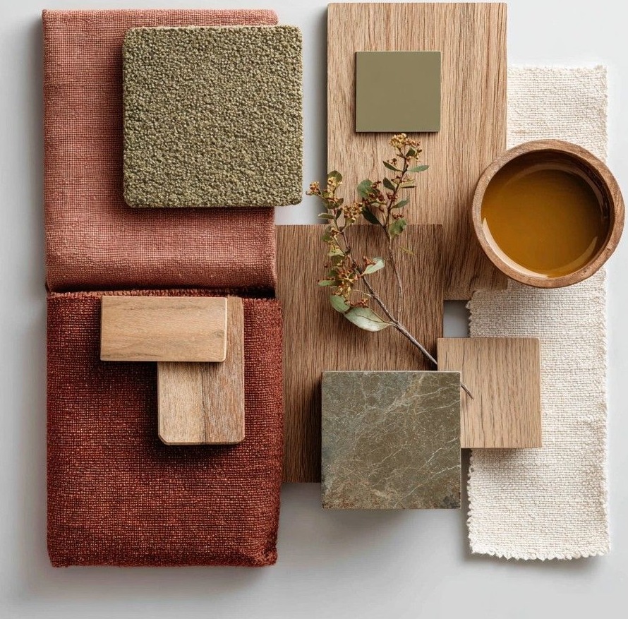 Curated interior material board of oak, terracotta and rose textiles, boucle, green marble, stone and amber glass